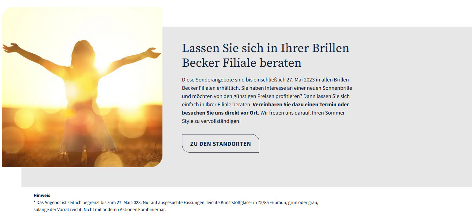 Attraktive Angebotspreise für Ihre neue Sonnenbrille bei Brillen Becker Attraktive Angebotspreise für Ihre neue Sonnenbrille bei Brillen Becker